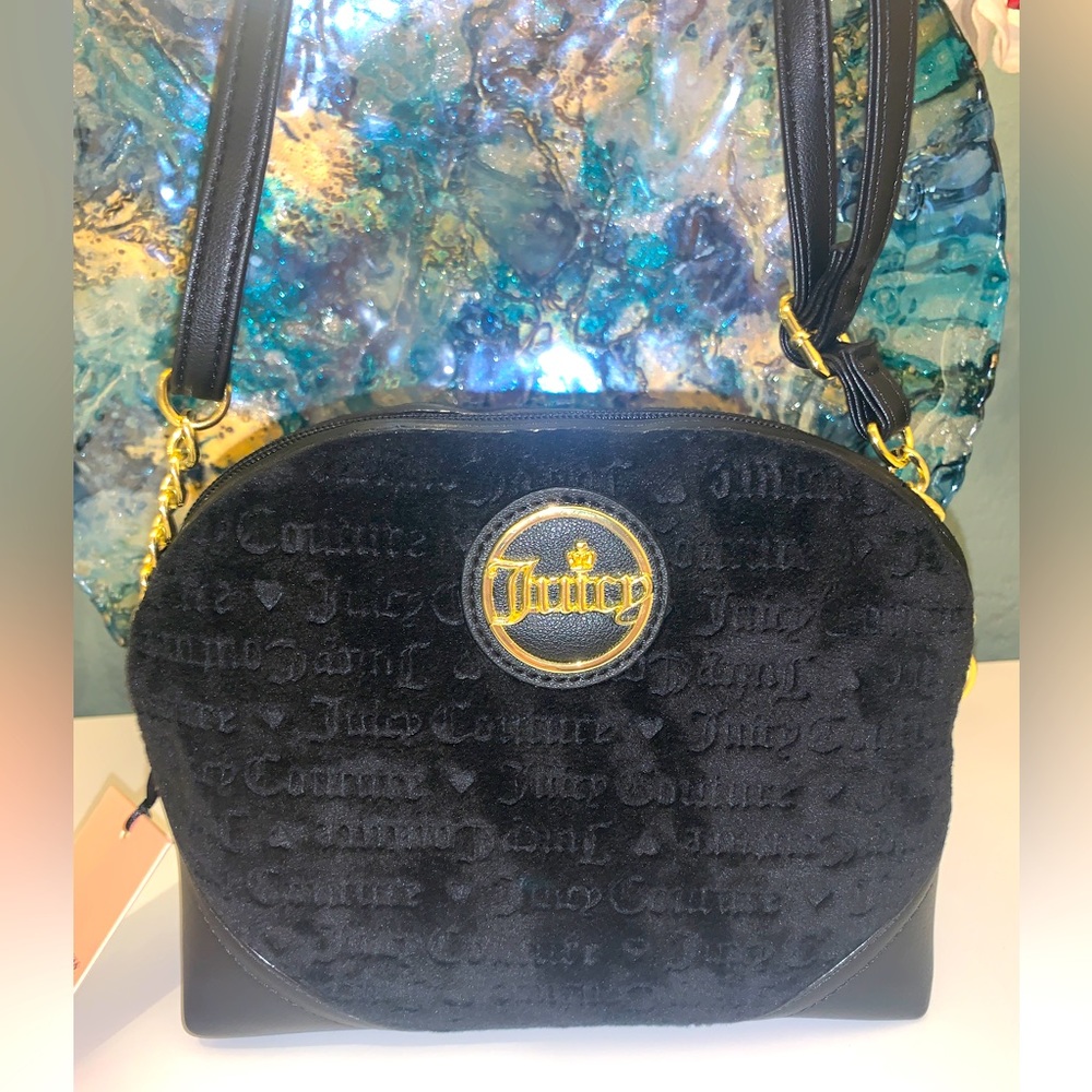 Juicy Couture If the Crown Fits Black Velour Embossed Rare Purse Crossbody Bag